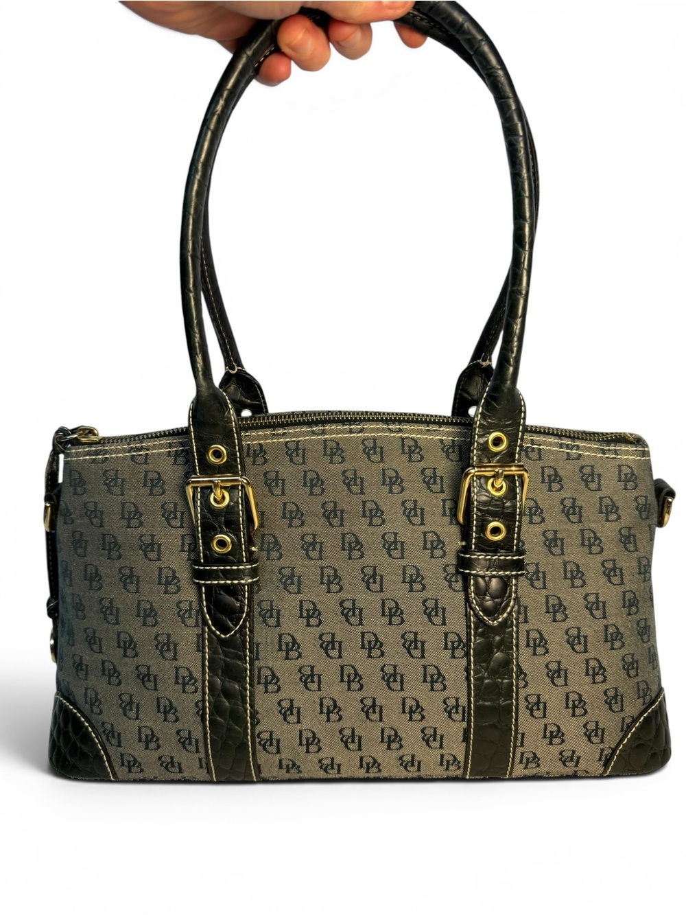 Dooney & Bourke DB Monogram Canvas Satchel Black Croc Embossed Bag